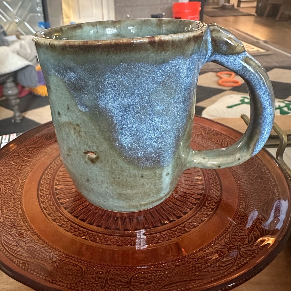 Handmade green blue ceramic Mug  with crazing